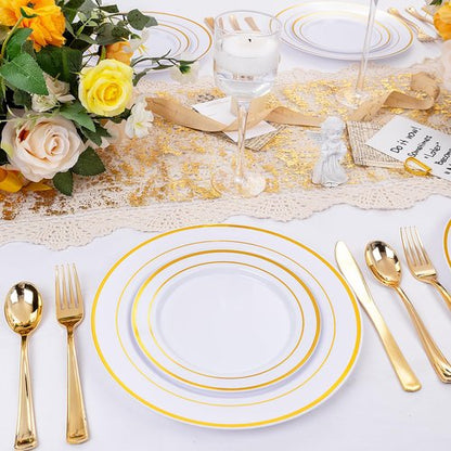 I00000 600 Pcs Gold Plastic Plates for 100 Guests.Disposable Plates for Party,Plastic Dinnerware Set of 100 Dinner Plates,100 Salad Plates,400 Gold Silverware Set(100 Spoons,100 Knives,200 Forks).