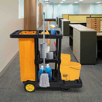tonchean 3-Tier Janitorial Cart with 25 Gallon Vinyl Bag, Rolling Housekeeping Cleaning Cart, Large Capacity Utility Trolley for Business, School and Office