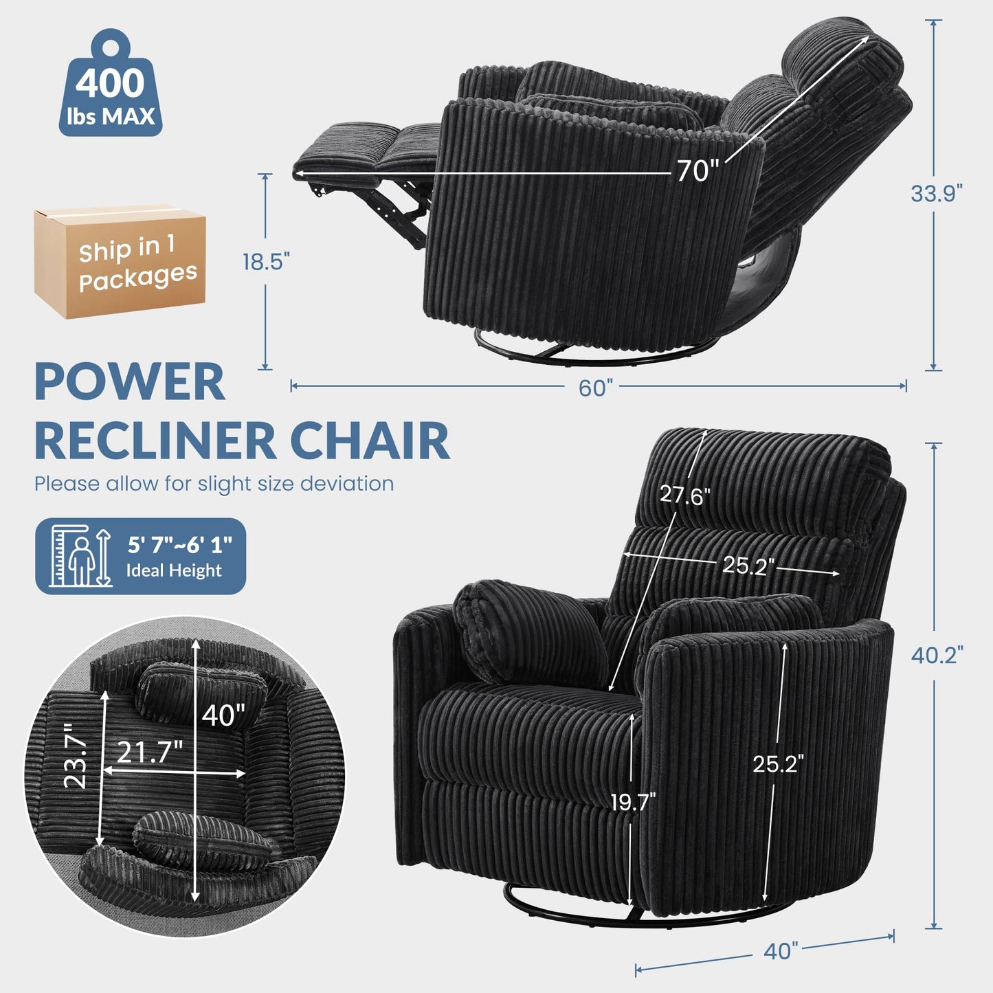GRAINELL Oversize Power Swivel Recliner, 40in Wide Electric Glider Rocking Chair with Headrest Adjustment, USB Port, 270° Swivel, Rock 30° – for Living Room, Nursery, Black (5" 7' to 6" 1' Height)