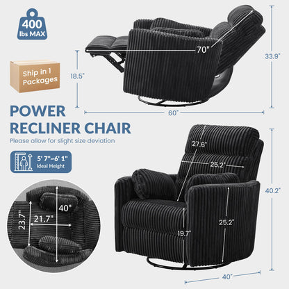 GRAINELL Oversize Power Swivel Recliner, 40in Wide Electric Glider Rocking Chair with Headrest Adjustment, USB Port, 270° Swivel, Rock 30° – for Living Room, Nursery, Black (5" 7' to 6" 1' Height)