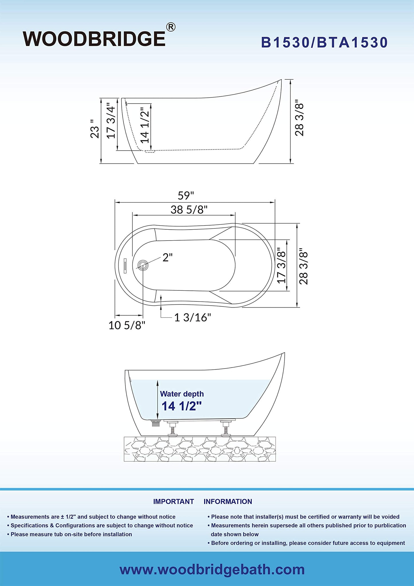 Woodbridge 59" Acrylic Freestanding Bathtub Contemporary Soaking Tub with Brushed Nickel Overflow and Drain BTA1530