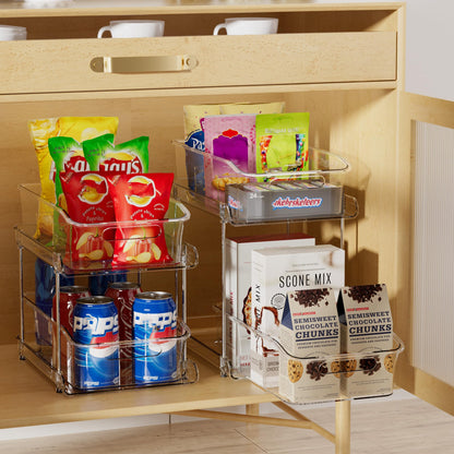 Delamu 2-Tier Under Sink Organizers and Storage, Multi-Purpose Stackable Bathroom Cabinet organizers, Pull Out Kitchen Pantry Organization and Storage with Dividers(2 Pack, Clear)