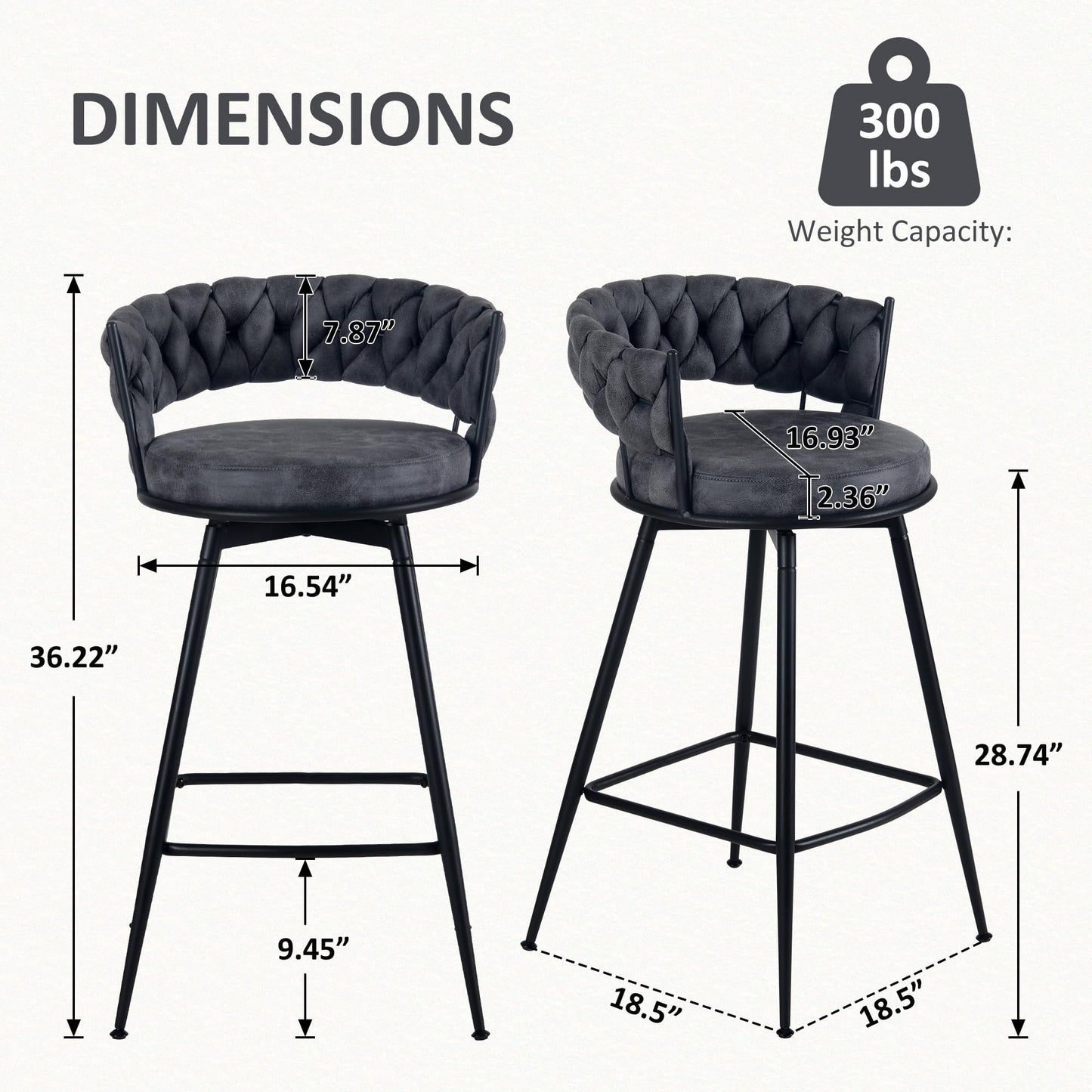 YOUNIKE Bar Stools Set of 2, 28.7 inch Seat Height Bar Chairs, 360° Swivel Counter Height Barstools with Woven Back and Armrest, Upholstered Suede Fabric Counter Stools for Kitchen Island, Pub, Grey