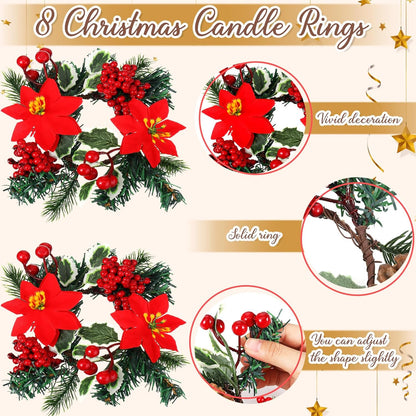Yilloog Mini Christmas Candle Rings - 8 Sets of Berry & Pinecone Wreaths for Festive Decor | Classic Red Poinsettia