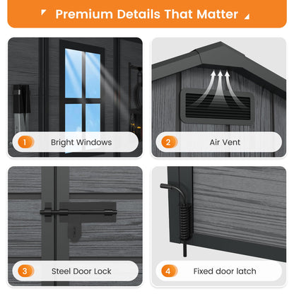 UDPATIO Outdoor Resin Storage Shed 8 x 10 FT, Plastic Storage Shed with Floor Large Outdoors Garden Tool Storage Shed Outside Clearance Shed with Lockable Door for Bike, Backyard, Patio, Dark Grey