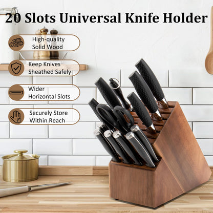 20 Slot Knife Block Storage without Knives,Acacia Wood Universal Knife Holder for Kitchen Countertop,Large Butcher Block Organizer,Easy Kitchen Knife Storage (Brown)