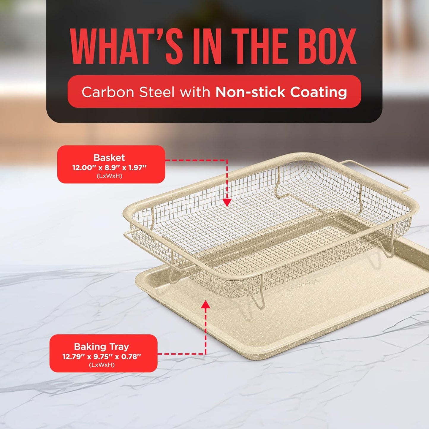 Bakken Swiss Crisper Tray - 2-Piece Set, White Marble Non-Stick Basket Design for Healthier Cooking