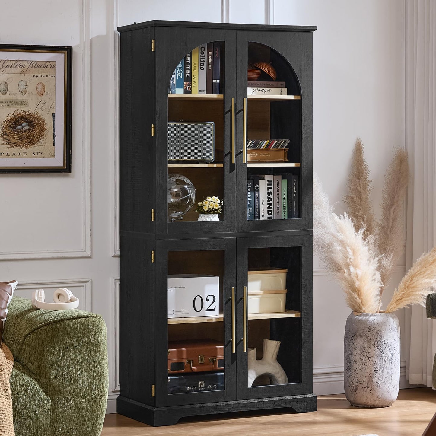 Joaxswe 72" Tall Bookshelf with 4 Curved Glass Doors, Farmhouse Bookcase with 3-Tier Adjustable Shelves, Modern Living Room Display Cabinet, Large Storage Cabinet for Home Office,Dining Room, Black