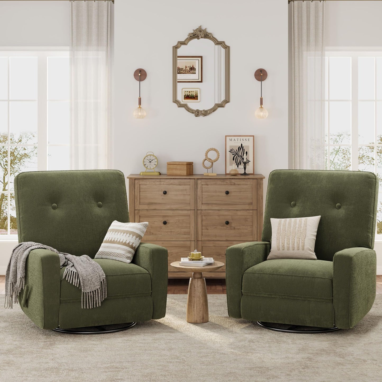 IDEALHOUSE Recliner Chair, 360° Swivel Rocking Glider Chair for Adults with Adjustable Backrest & Footrest, Cozy Corduroy Upholstered Armchair for Living Rooms, Bedrooms, Apartments, Green