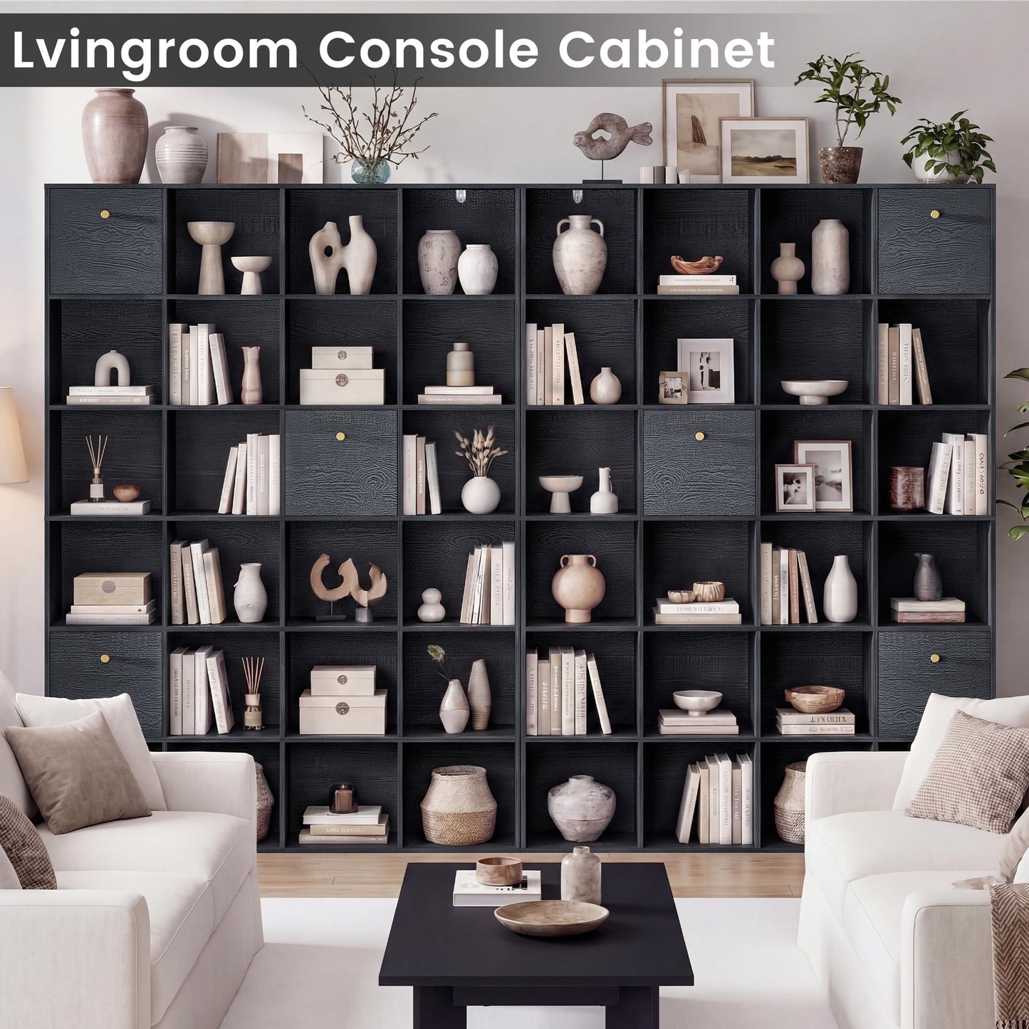 Modern Cube Storage Organizer, 24 Open Shelves Bookcase with 3 Storage Bins, Black Book Case with Wood Grain, Freestanding Shelf for Bedroom, Living Room, Home Office, Library, Wooden Large Book Shelf