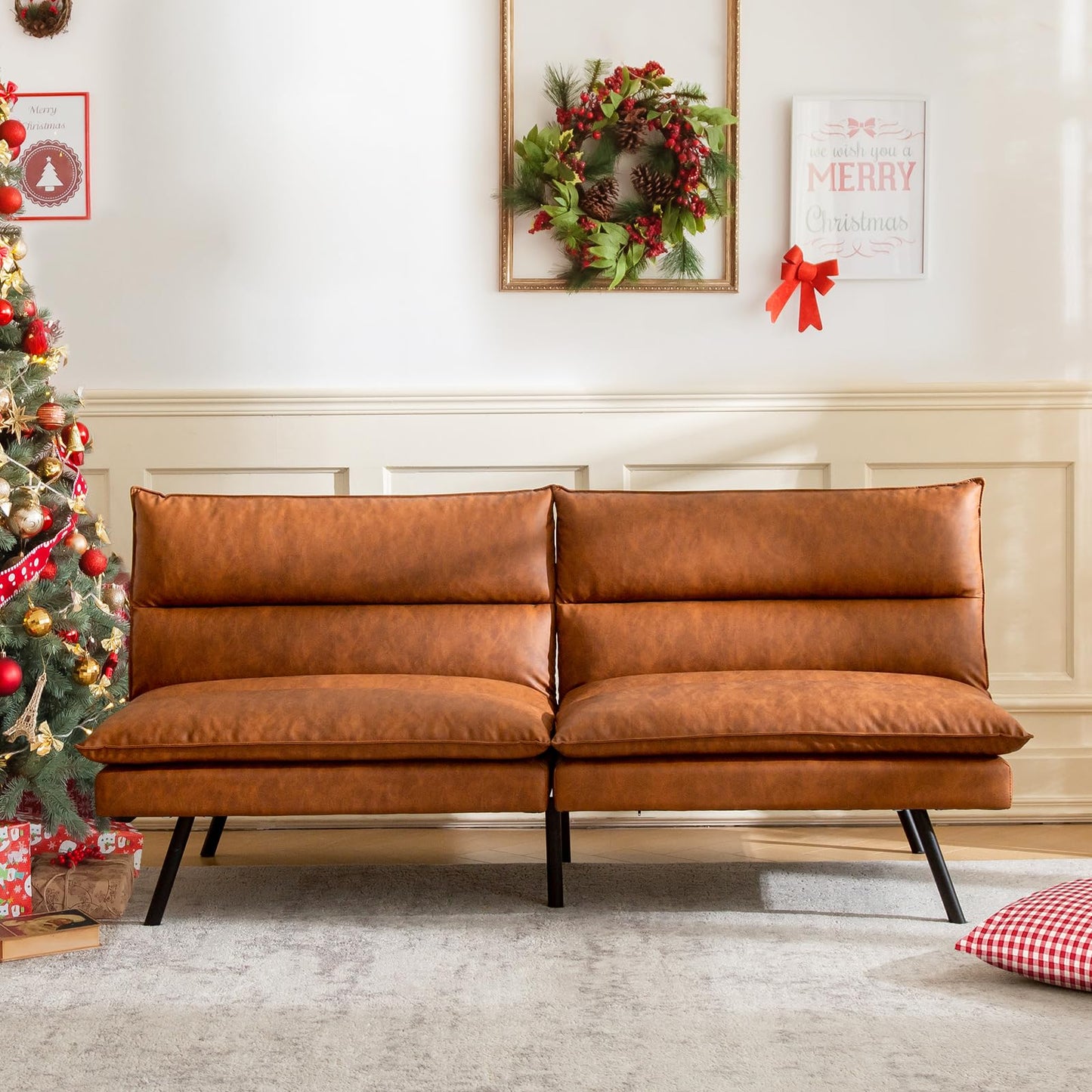 Vyfipt Futon Sofa Bed/Couch,3” Memory Foam Small Splitback Sofa,Faux Leather Modern Loveseat for Living Room,Apartment,Studio,Guest Room,Home Office,71" L (Brown)