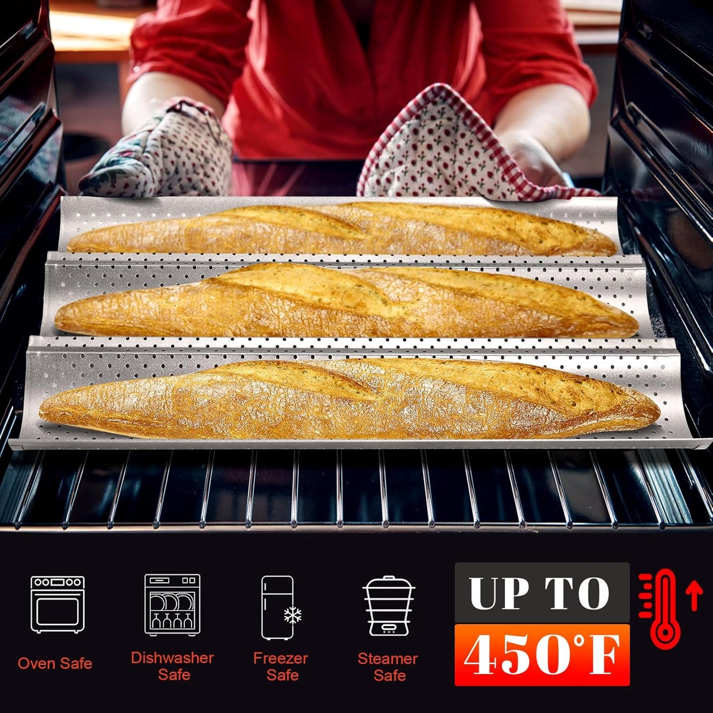 GGC 3-Loaf Baguette Bread Pan, Nonstick Perforated Grade Coating for Baking Crispy Baguettes