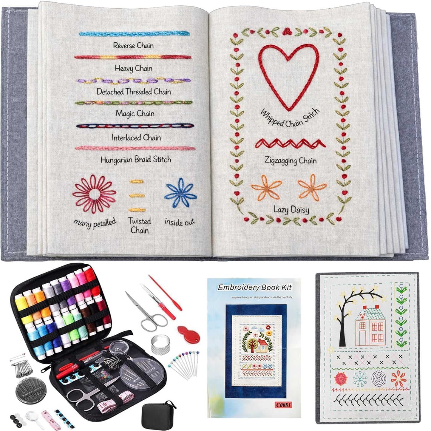 WSJAWH Plus Size Embroidery Stitch Book Kit Sampler for Adults, Embroidery Kit Practice Books for Beginners with Fabric Pages Patterns Needles Tutorials Sewing Tool Kit, Gift for Craft Lovers (1)