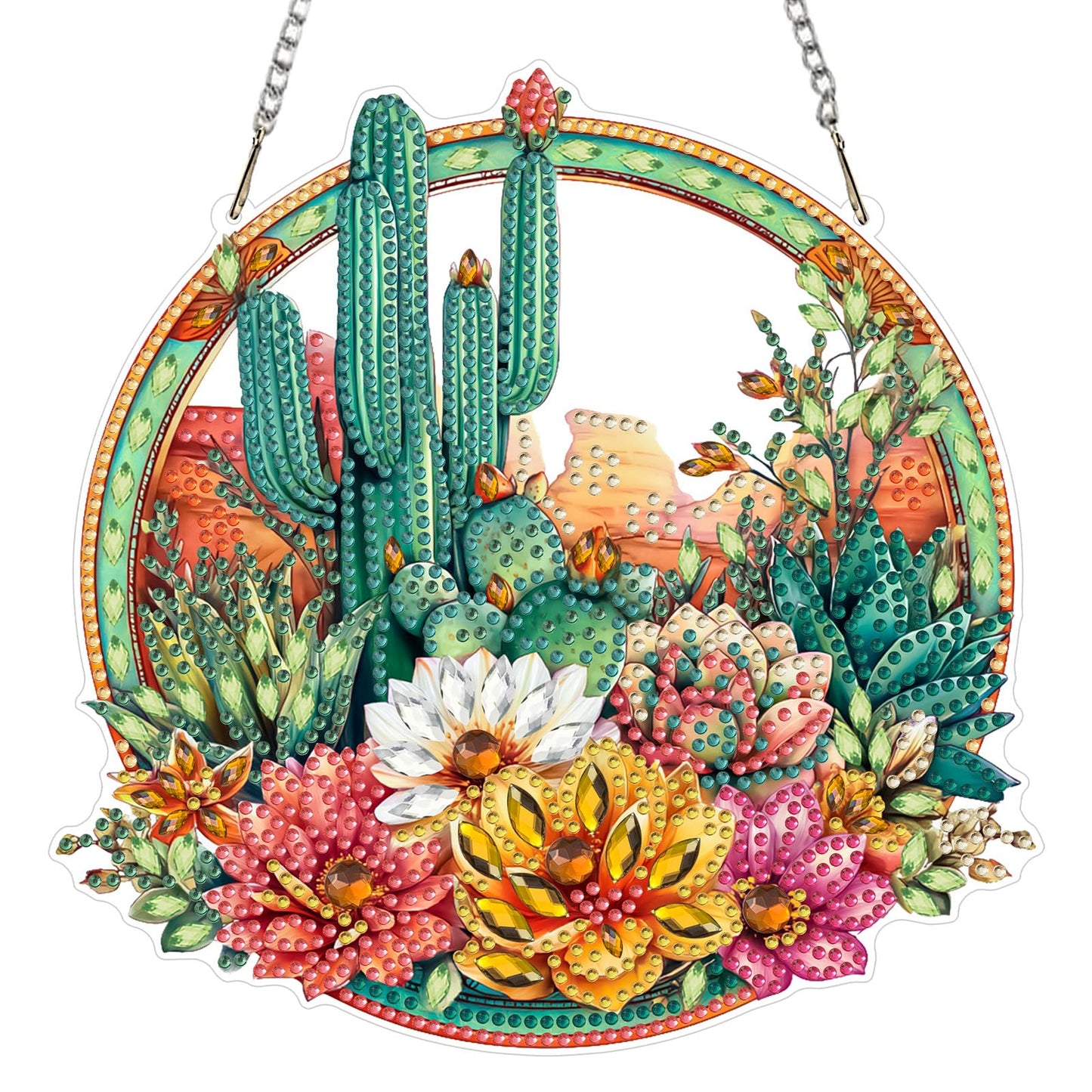 Lxmsja DIY Cactus Garden Diamond Painting Hanging Ornament, Double-Sided Acrylic Desert Flowers Diamond Art Kit, Special Shaped Suncatcher Hanging Pendant Window Art Kit