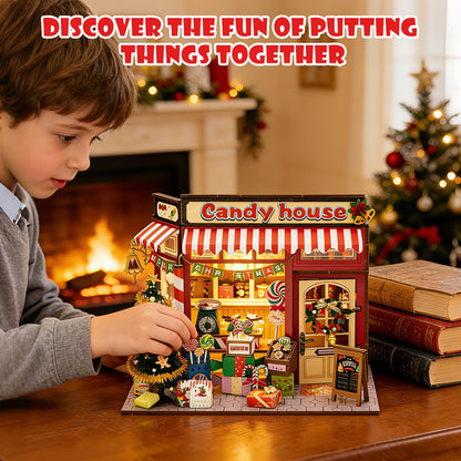 Book Nook Kit, 3D Wooden Puzzles Christmas Candy Shop Miniature House Dollhouse Booknook Mini House Making Kit Bookshelf Decorations Gifts for Family, Friends