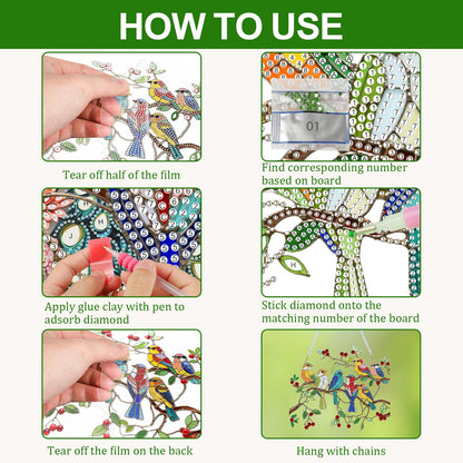 CEOVR Spring Birds Hanging Diamond Art for Adults, Birds on Branch Diamond Painting Pendant DIY Gem Art Wall Hanging Ornament, Acrylic Home Garden Decor with Chain, Box Kit 9.63 * 8.17inch