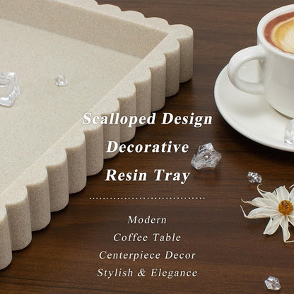 YMXYJM-Scalloped Coffee Table Tray，Ottoman Tray for Modern Home Decor. 14" Decorative Tray for Entryway Table Decor, Living Room Table Decor, Coffee Table Centerpiece - Beige Resin