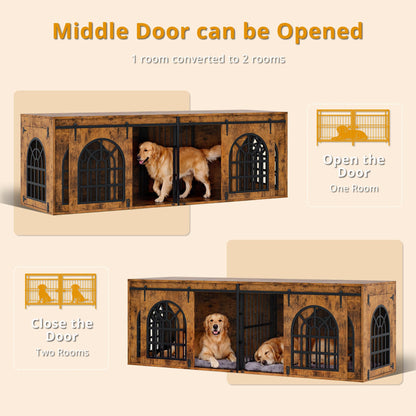 IRONCK 90.2" Double Room Dog Crate Furniture with Sliding Doors– Heavy Duty Wooden Dog Kennel with Hinged Divider, TV Stand & End Table for Large to Medium Dogs, Brown (Brown)