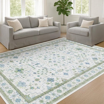 Hazo Haus Cream Oushak 6x9 Area Rug - Boho Floral Design in Cool Blue & Green, Washable Non-Slip