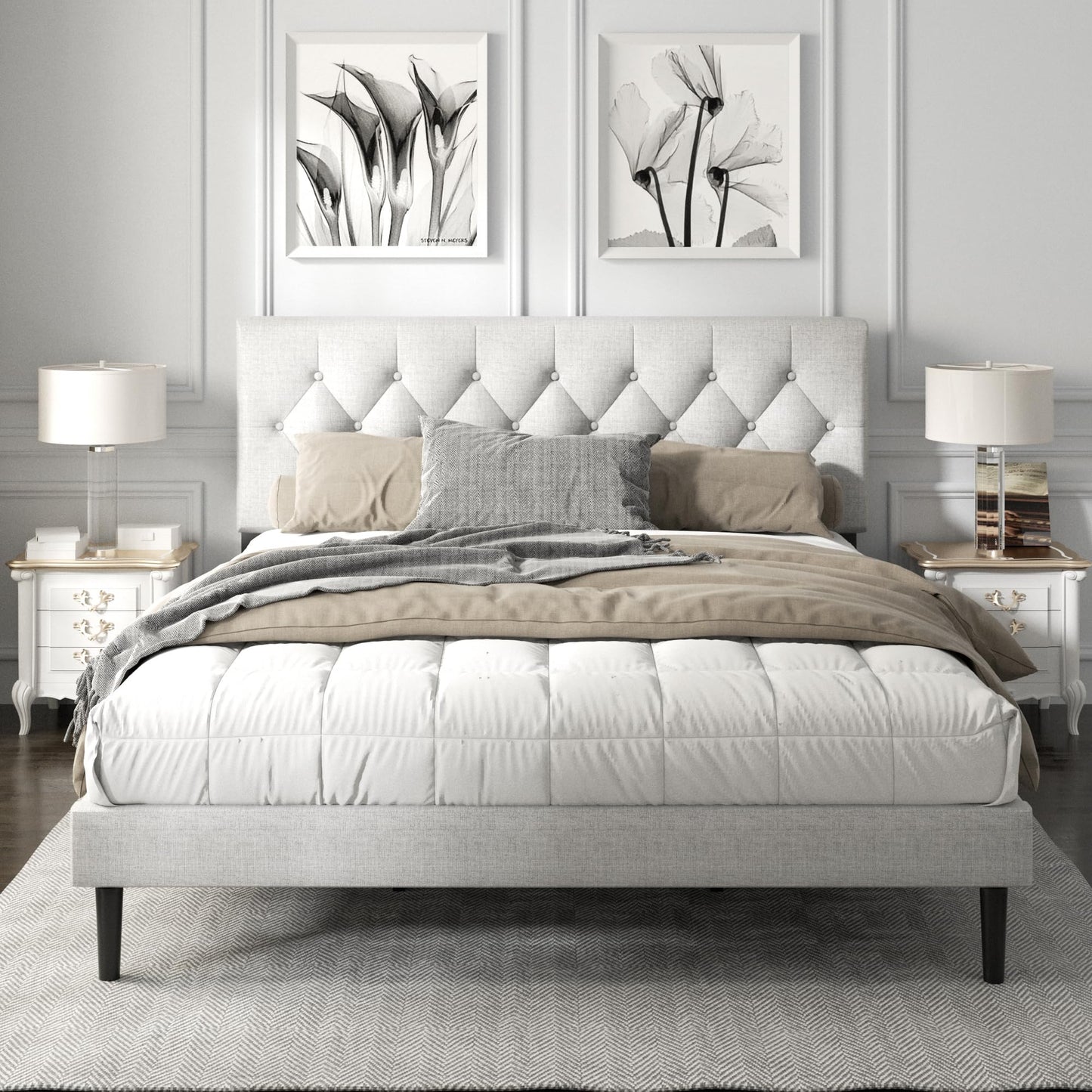 HAOARA King Size Platform Bed Frame with Upholstered Button Tufted Headboard, Mattress Foundation with Wooden Slat Support, Noise Free, No Box Spring Needed, Easy Assembly, Light Grey
