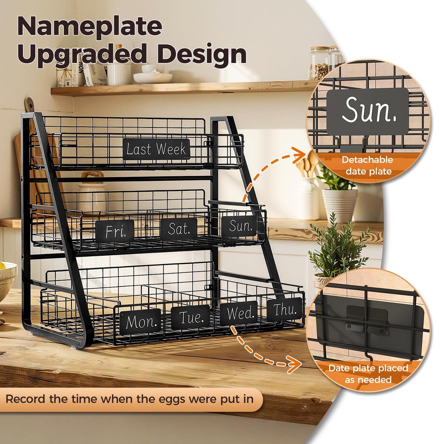 Sevenblue Upgraded Egg Holder Countertop with Removable 5 Dividers & Date Plate, 3 Tier Pull Out Large Egg Basket for Gathering Fresh Eggs, Kitchen Organizer, The Size - 16.7“x16.6”x11.3"