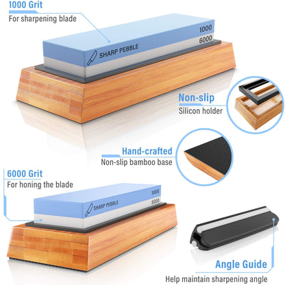 Sharp Pebble Knife Sharpening Stones Kit with 1000/6000 and 3000/8000 Grit with Flattening Stone & Angle Guide