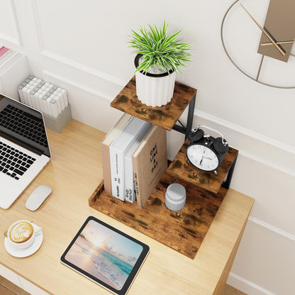 ELITEROO Desk Shelf Organizer, Wood Desktop Organizer Small Bookshelf, 3 Tier Storage Shelf Riser Display Stand for Office Decor and Desk Accessories, Rustic Brown Black