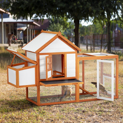 Chicken Coop Hen House Outdoor Poultry Cage with Large Nesting Box, 5 Lockable Doors Wooden Chicken House with Weatherproof Cover for Outdoor Backyard Farm, Orange
