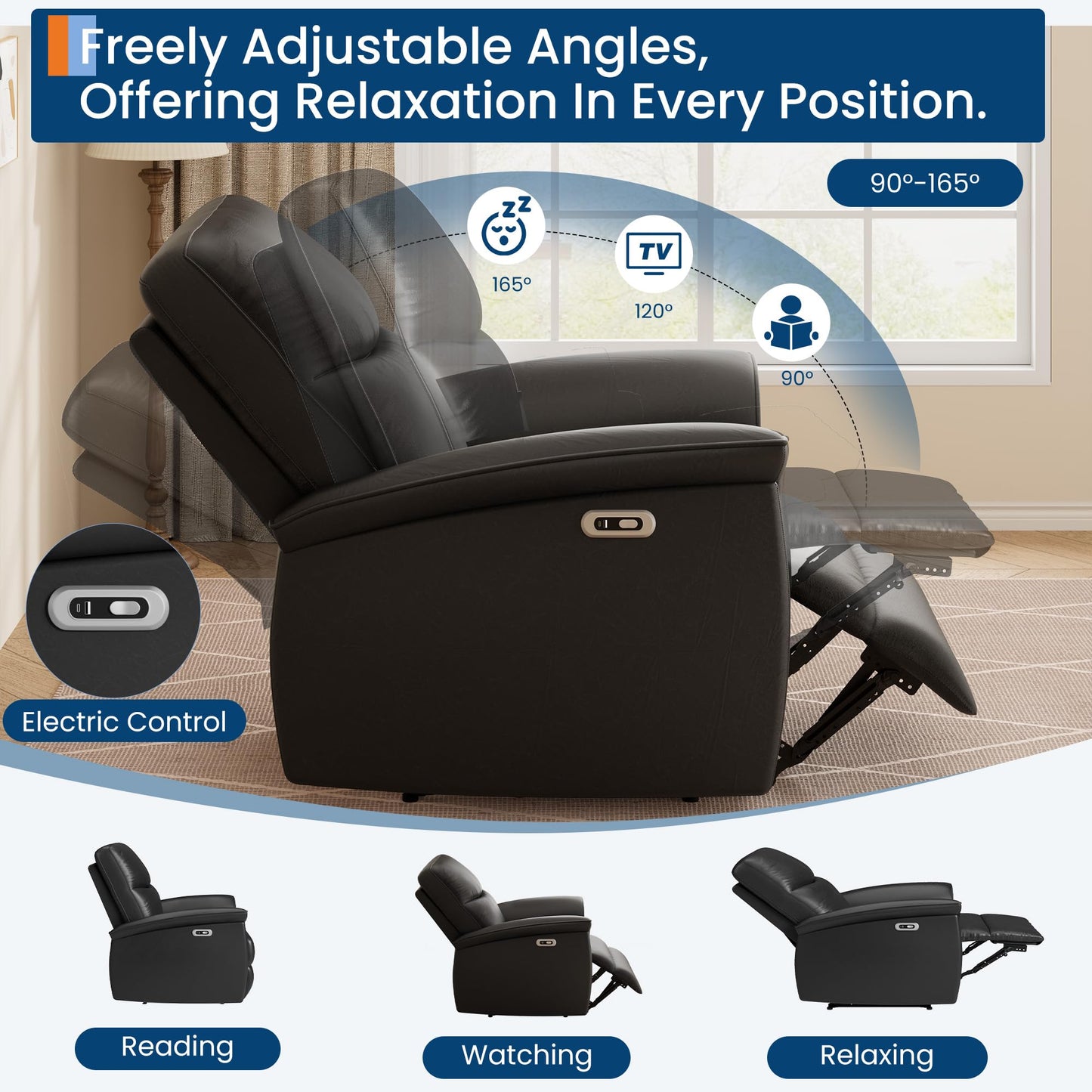 Garvee Power Swivel Recliner Chair, PU Leather Electric Reclining Armchair with Free Position, 270 Degree Swivel, 38.6 in Wide Seat, 350 Lb Capacity, Single Sofa for Living Room Bedroom,Black