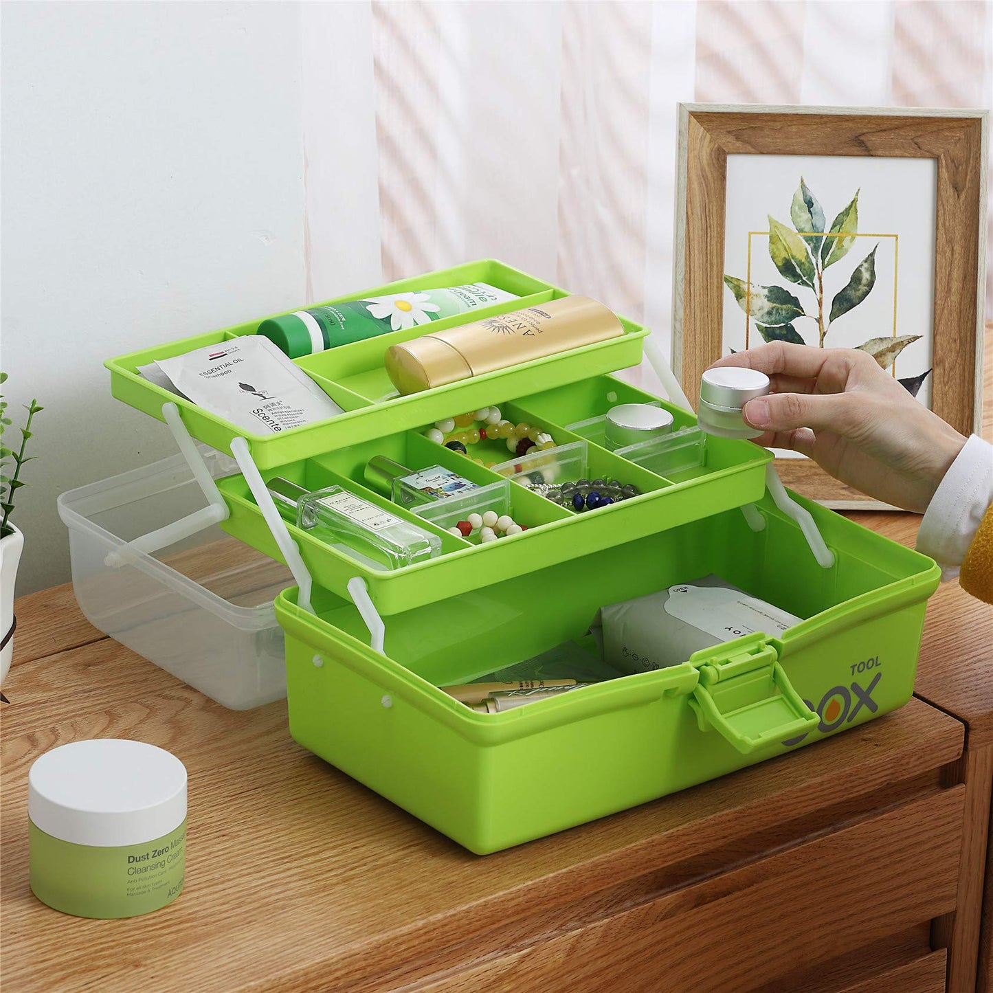 Kinsorcai 2PCS 12'' Three-Layer Clear Plastic Storage Box/Tool Box, Multipurpose Organizer and Portable Handled Storage Case for Art Craft and Cosmetic (Green)