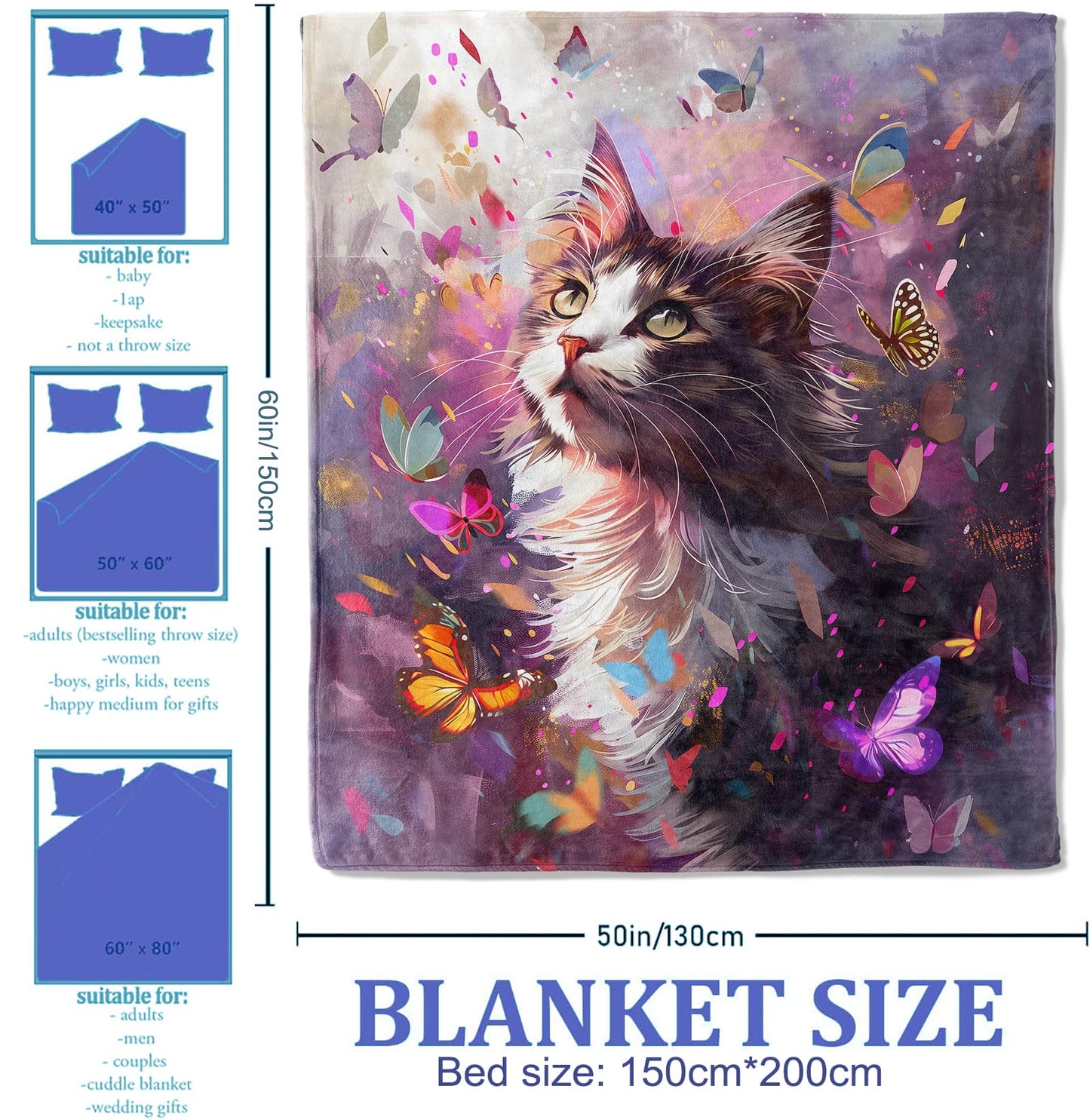Plistiz Cat and Butterfly Throw Blanket, 50x60, Cute Cat Blankets for Bedroom Decor, Plush Flannel Polyester, Perfect for Kids and Adults