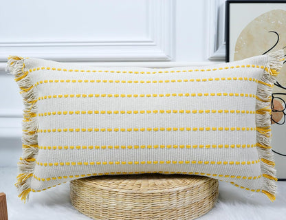 16 26,Clasic Decorative Farmhouse Fringed Long Lumbar Throw Pillow Cover x Striped Textured Cotton Boho Decor Long