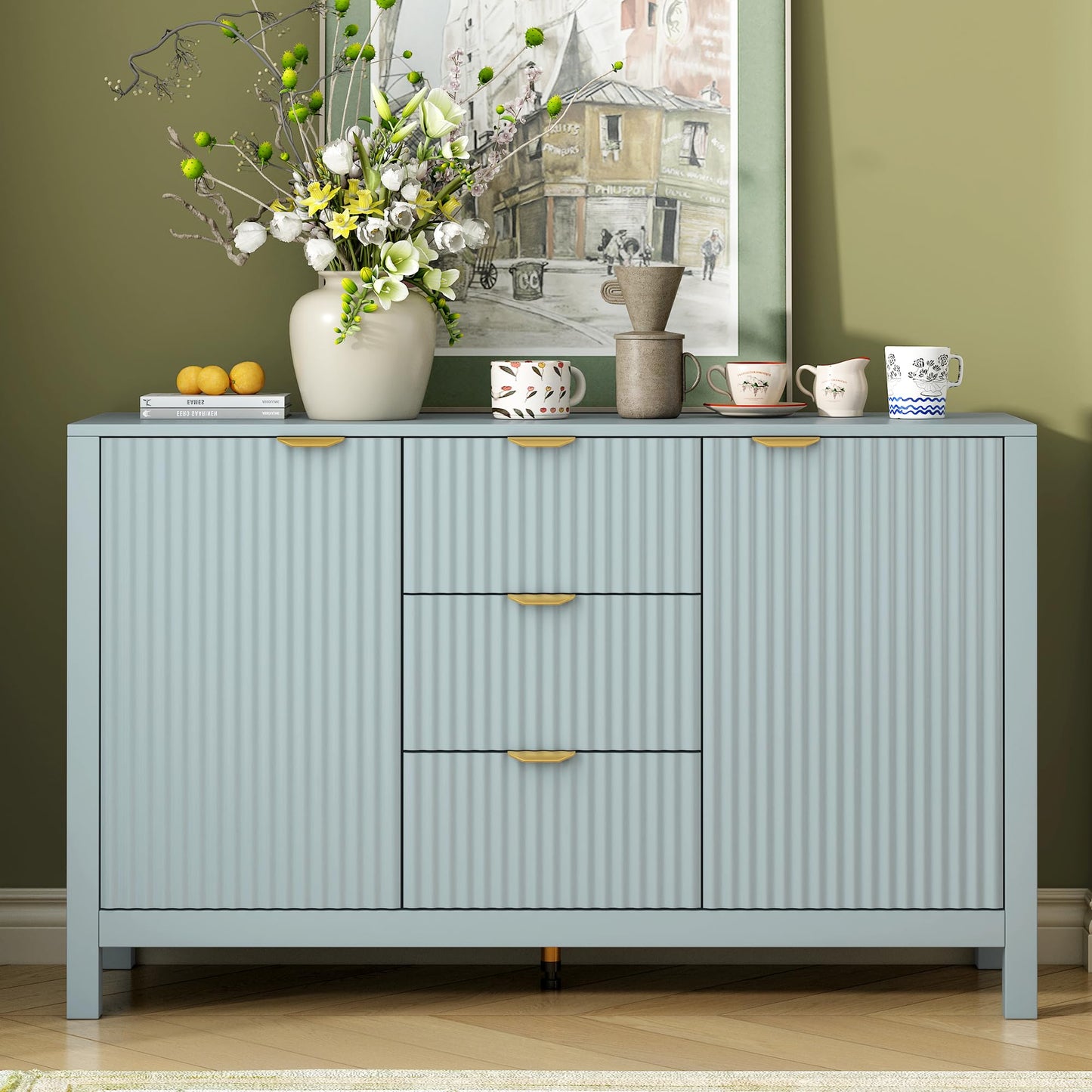 GDFStudio 47.2" Modern Buffet Cabinet with 3 Drawers & Adjustable Shelves, Wave Pattern Sideboard Cabinet with Doors, Coffee Bar Cabinet Credenza Storage Cabinet for Dining Room Living Room, Cyan