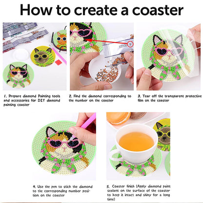 Yijingtop 8 Pcs Retro Cat Diamond Painting Coasters Kits with Holder,Funny Cat Diamond Art Coasters with Wooden Cork,DIY Round Drill Small Diamond Art for Adults for Home Wall Decor