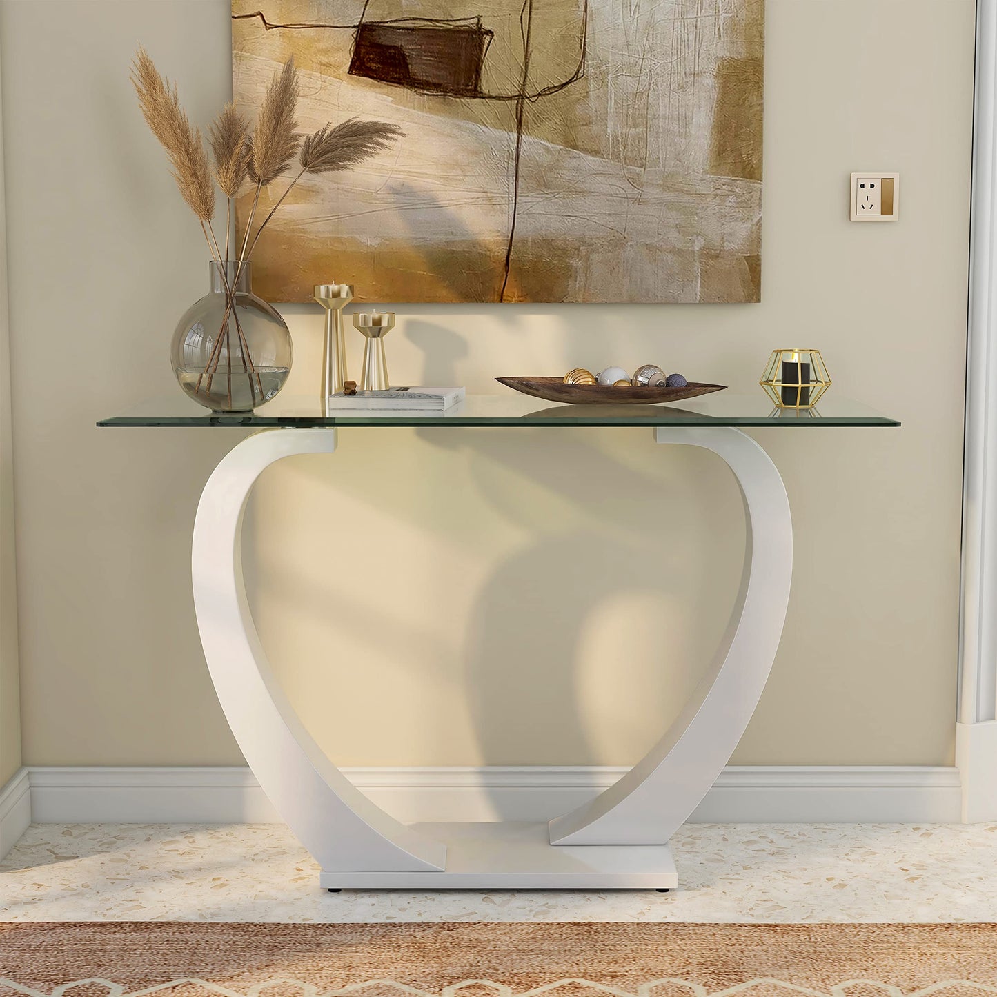 Furniture of America Augie Modern Rectangle Tempered Glass Top 48 in. Sofa Table for Display, Decorate Living Room, Hallway, Bedroom, Dressing Room, White