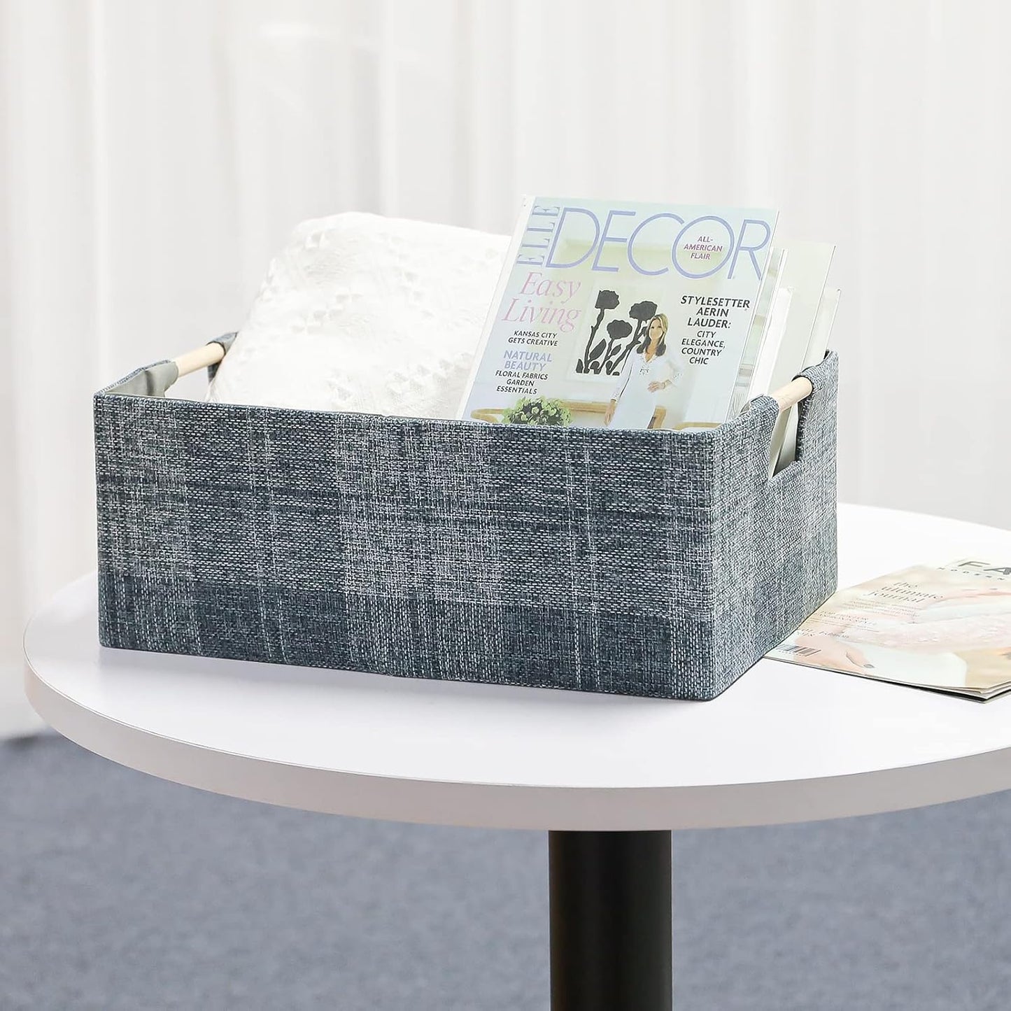 Fabric Storage Bin Box, Collapsible Cotton Linen Cube with Wooden Handles - Decorative Organizer for Clothes and