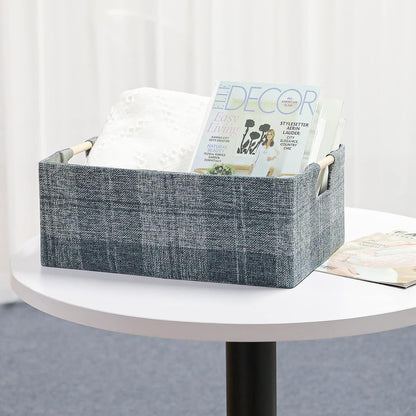 Fabric Storage Bin Box, Collapsible Cotton Linen Cube with Wooden Handles - Decorative Organizer for Clothes and