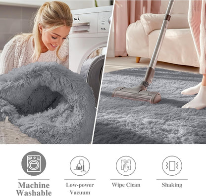 OLANLY Round Light Grey Area Rug - Soft, Machine Washable 5 ft Shaggy Carpet for Bedroom & Living Room