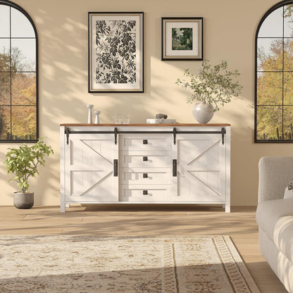 60" Farmhouse Sideboard Buffet Cabinet with Sliding Barn Doors & 4 Drawers, White Kitchen Cabinet with Storage for Dining Room, Coffee Bar, 31.5" Tall Wooden Sideboard TV Stand Console Table