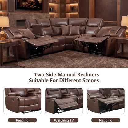 EBELLO Genuine Leather Recliner Sectional Sofa Set, Manual Reclining Corner Couches with Storage Console and Hidden Cup Holders, Extra Wide Footrest for House/Living Room, Brown