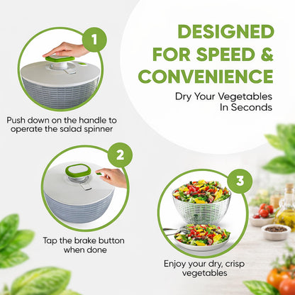 Brieftons 6.2-Quart Large Salad Spinner: Vegetable Washer Dryer Drainer Strainer with Bowl & Colander, Easy One-Handed Pump, Compact Storage, for Washing, Cleaning & Drying Greens, Vegetables, Fruits