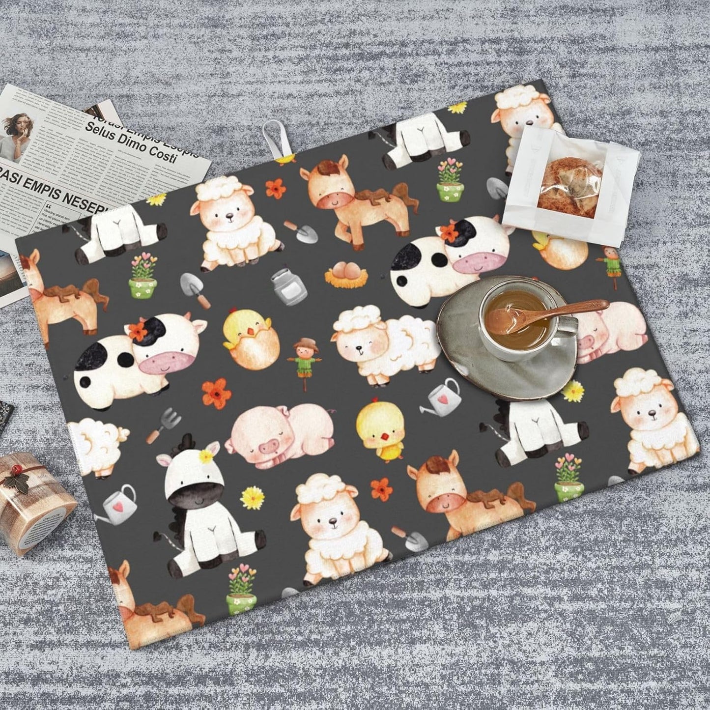 Farm Animal Dish Drying Mat for Kitchen Counter, Cute Microfiber Absorbent Reversible Drainer Rack Pad, 18 x 24 Inch