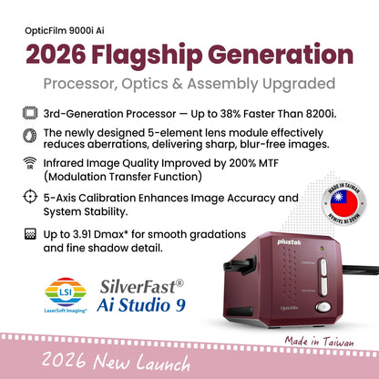 Plustek OpticFilm 9000i Ai 35mm Film Scanner – New 3rd Gen Lens System & 5-Axis Precision Alignment – Professional Detail & Stability – 2026 Flagship Model