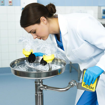 lukar Stand Up Eye Wash Station, Floor Mounted Eyewash Station, 304 Stainless Steel Eye Washing Station, Adjustable Water Flow Eye Wash Units with Dual Spray Head and Eye Wash Sign, NPT Threaded