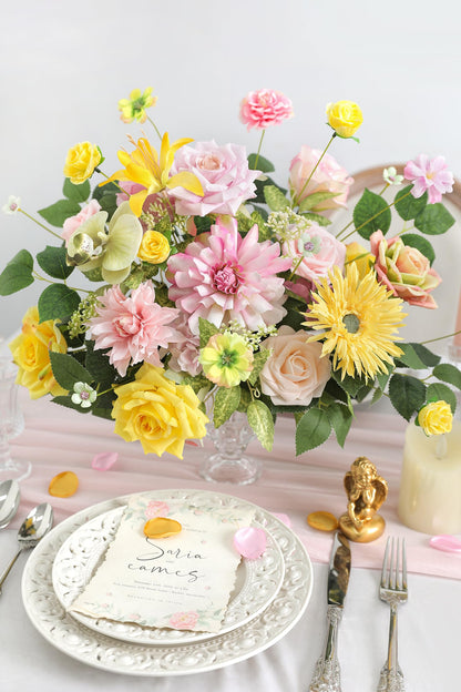 rongflower Yellow Pink Artificial Flowers Combo Set Fake Flower Leaf Box with Stemst for DIY Wedding Bridal Bouquet, Centerpieces, Home Decor, Floral Arrangement Decor
