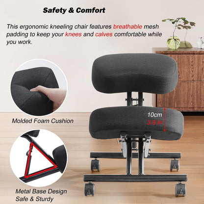 Office Chair Cross Legged Chair，Height Adjustable Kneeling Desk Chair with 4 Universal Wheels, Black Meditation Chair with Thick Seat, Ergonomic Kneeling Chair for Office/Classroom