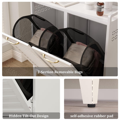 100L Dual Laundry Hamper with Wheels, Metal Rolling Laundry Cabinet with 2 Compartments and Removable Bags, Hidden Design