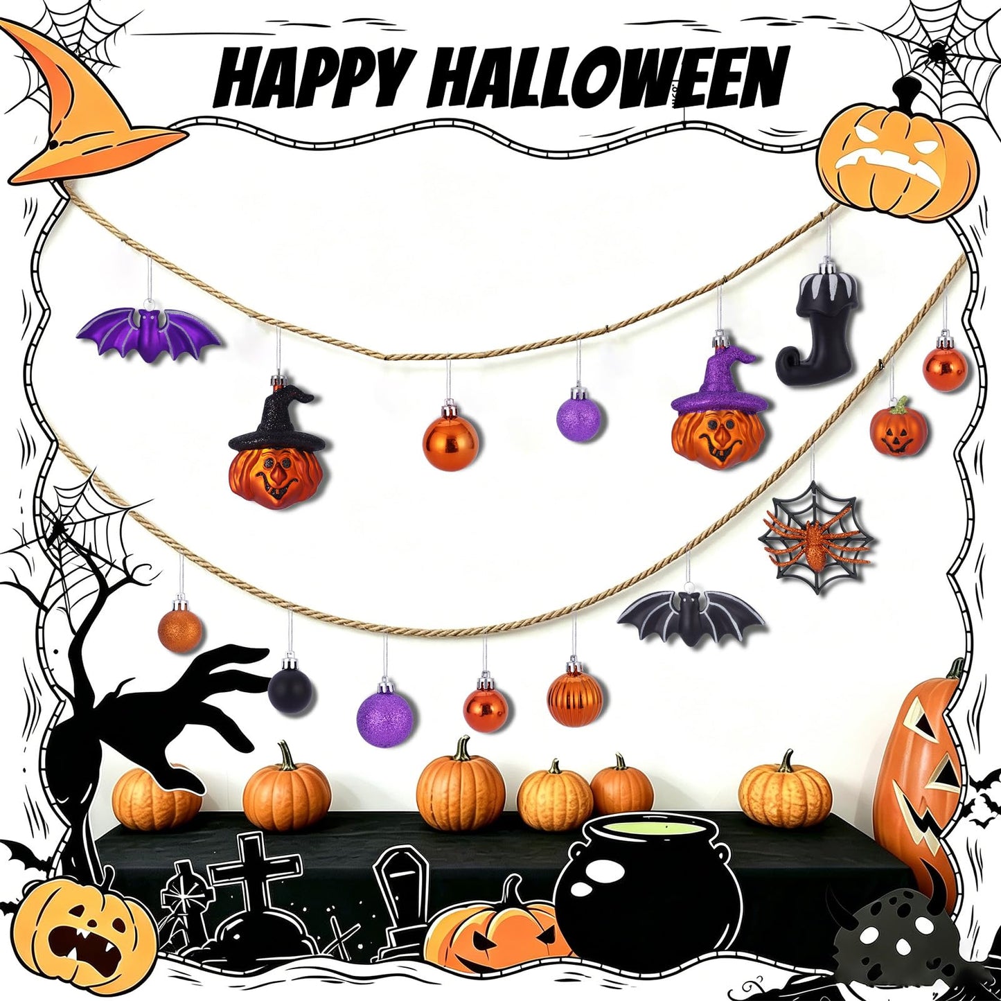 56pcs Halloween Hanging Ornaments for Tree Decorations, Shatterproof Plastic Hanging Halloween Ball Pendants with Pumpkin, Witches Hat Signs, Halloween Tree Decor Party, Holiday, Home (Multi New)
