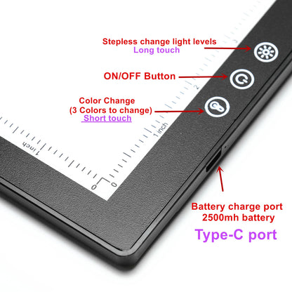 A3 Wireless Rechargeable Tracing Light Pad, 3-Colors & 8-Level Adjustable Brightness, 2500mAh Battery Powered Ultra-Thin Light Board with Foldable Stand for Diamond Art Painting
