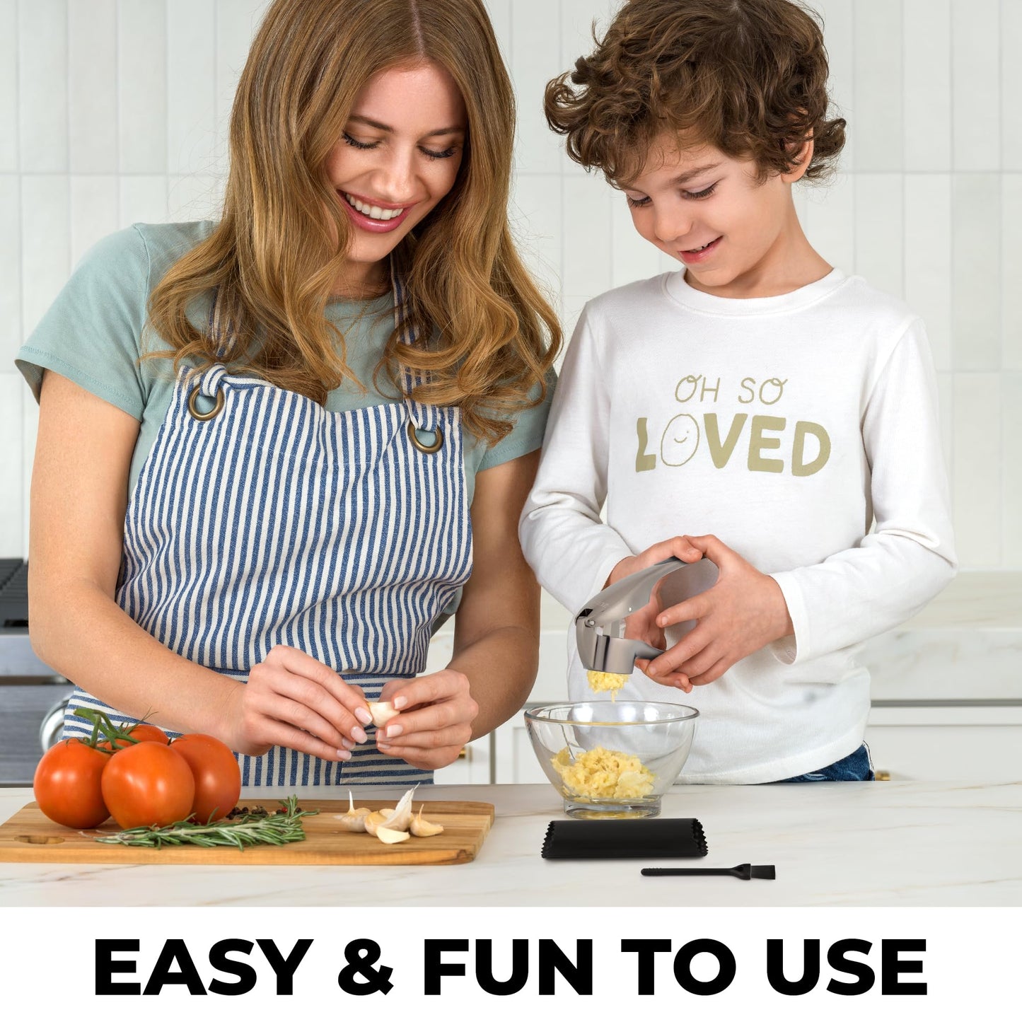 Zulay Kitchen Premium Garlic Press Set – Rust Proof & Dishwasher Safe Garlic Mincer Tool with Silicone Garlic Peeler & Brush, Easy Squeeze & Clean, Ergonomic Soft Grip Handle - Medium – Silver